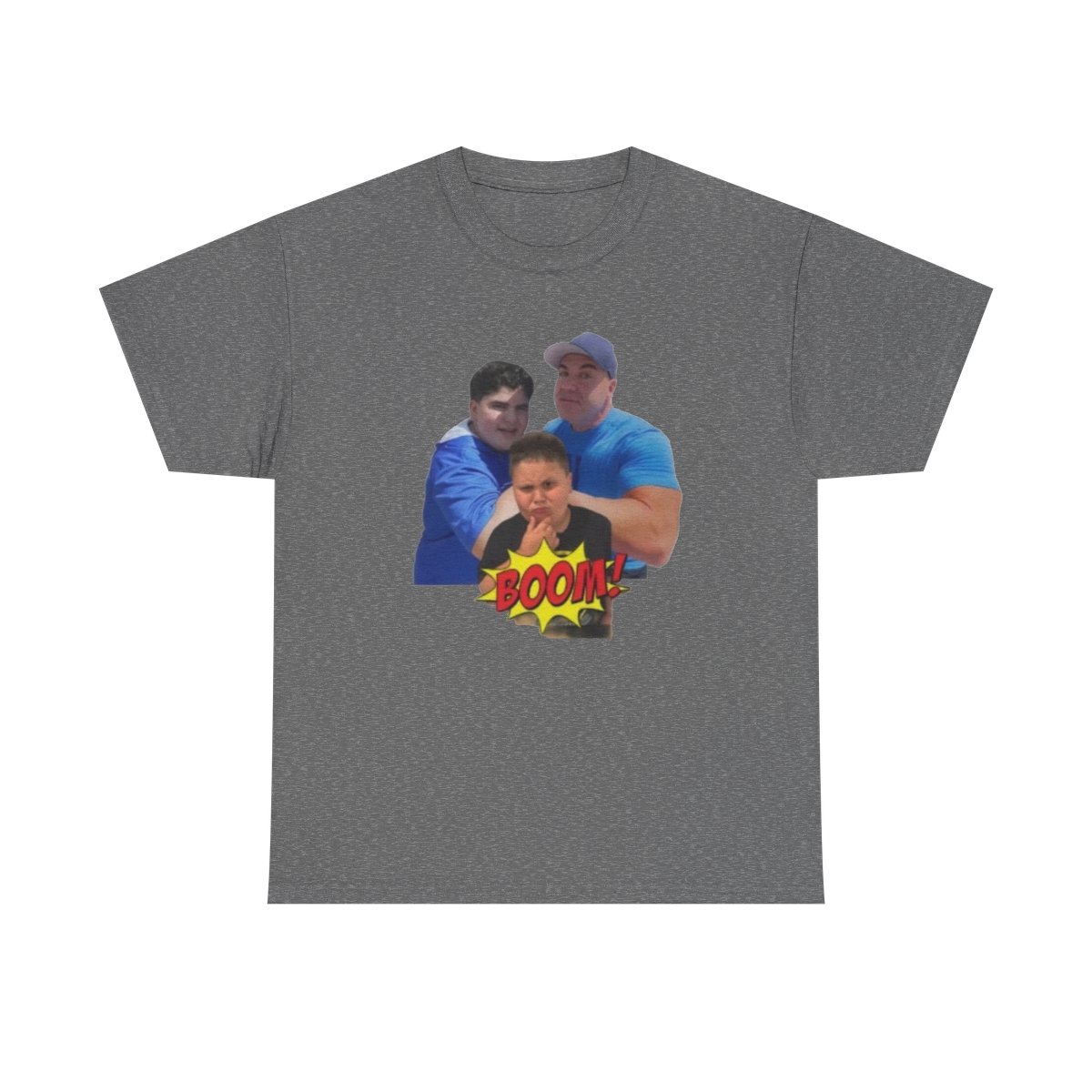 Three Guys Photo Tee | Retro Comic Boom Graphic T-Shirt Big Justice & A.J. Befumo - alternate angle 5, merchandise