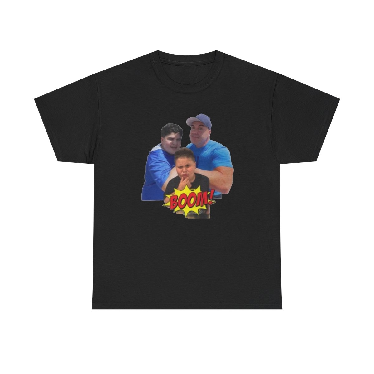 Three Guys Photo Tee | Retro Comic Boom Graphic T-Shirt Big Justice & A.J. Befumo - alternate angle 2, merchandise