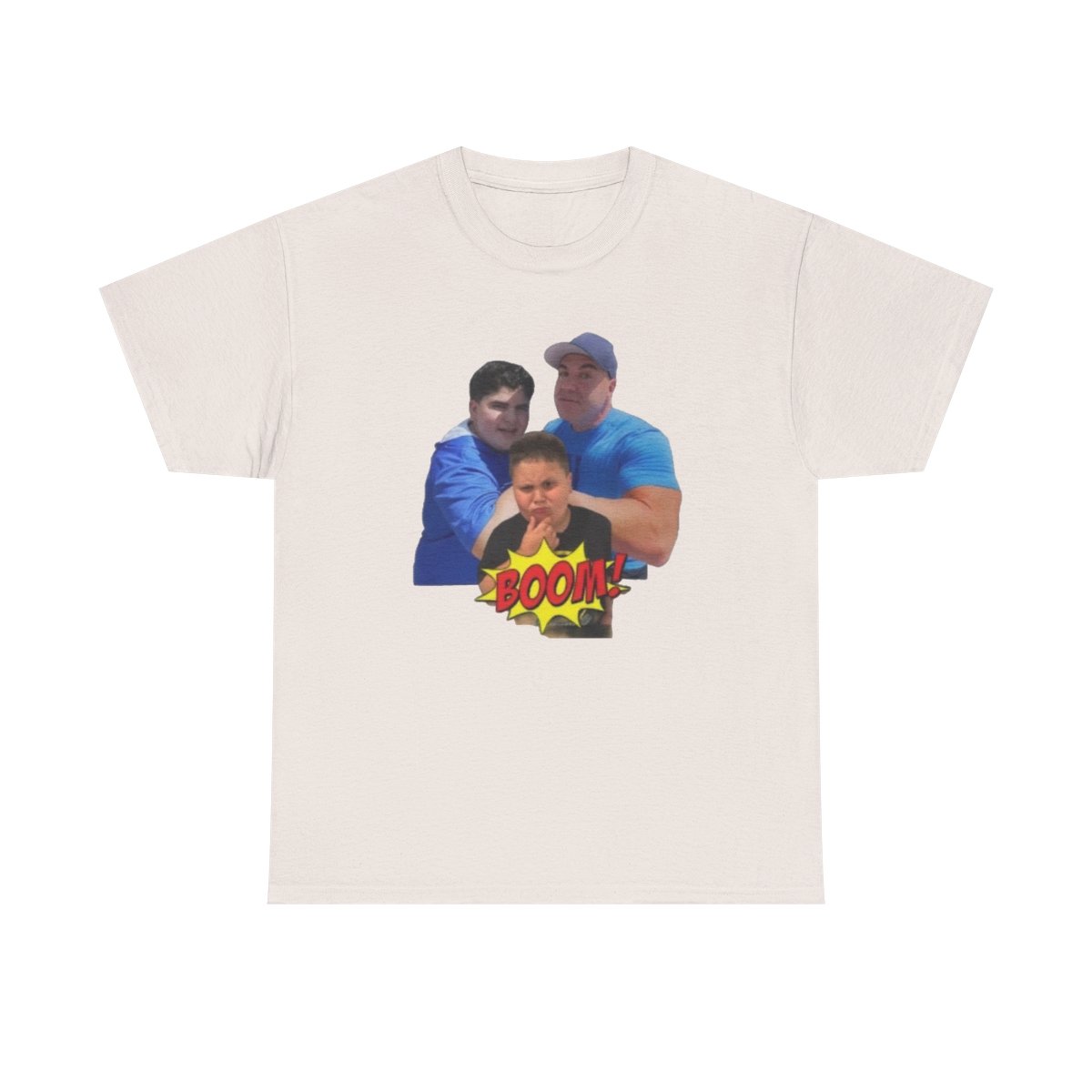 Three Guys Photo Tee | Retro Comic Boom Graphic T-Shirt Big Justice & A.J. Befumo - alternate angle 3, merchandise