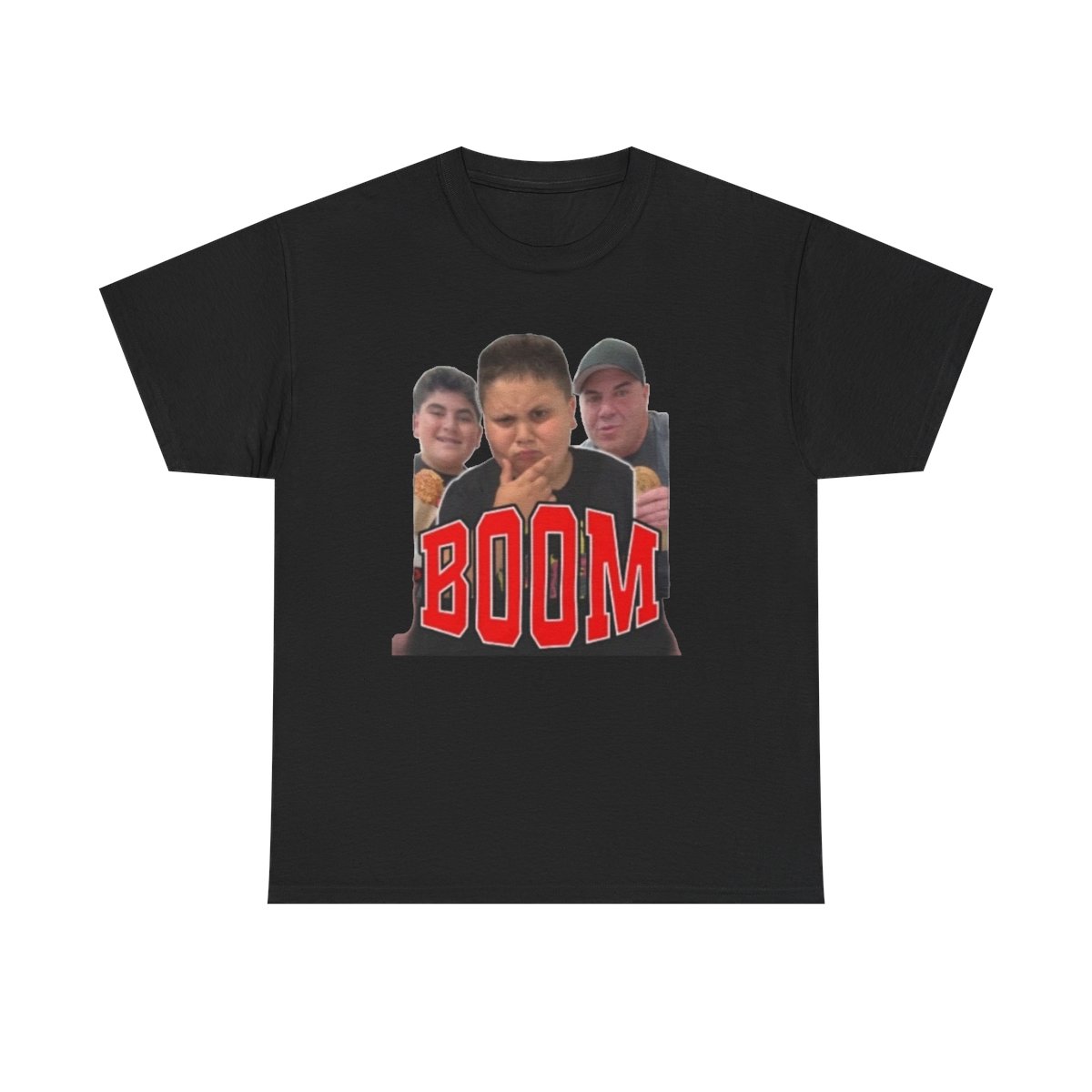 BOOM Photo Collage Tee | Retro Lettering, Three Faces Graphic Big Justice & A.J. Befumo — official Big Justice & A.J. Befumo apparel