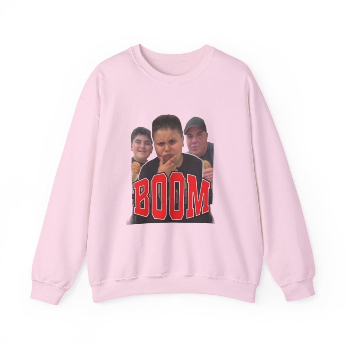 Three Teen Faces Boom Crewneck Sweatshirt | Meme Photo Graphic Big Justice & A.J. Befumo - alternate angle 5, merchandise